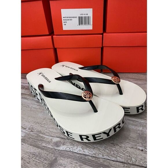 Reya Rosette Regalia White Black Wedge Flip Flop Sandal Sz 10M - Picture 1 of 5